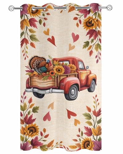 Outdoor Curtain for Patio, Fall Red Truck Waterproof Blackout Curtain for Porch/Pergola, Thanksgiving Sunflower Turkey Maple Leaf Linen Thermal Insulated Drapes for Cabana, 1 Panel, 54 x 108 Inch - size: 54"W x 108"L (Pack of 1)