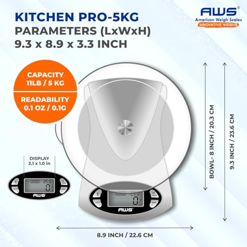 AWS Kitchen Pro 0.1g/0.001oz Precision Food Scale 5kg/11lb Digital Bowl Scale with Tempered Glass, | 2.72L Dishwasher-Safe Bowl, Tare, Timer, Clock & Room Temperature Display | Ultra Cooking Scale - size: 5000g x 1g