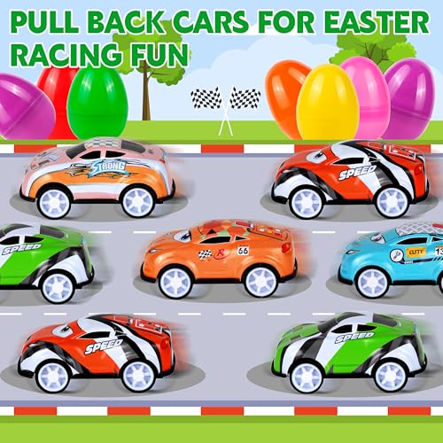 Seifar 48 Pack Prefilled Easter Eggs Filled with Pull Back Cars, Eggs with Racing Vehicle Inside, Easter Hunt Basket Stuffers Party Favors Classroom Prizes Gift for Kids Girls Boys - style: cartoon