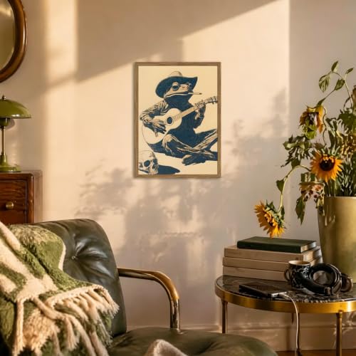 Funny Cowboy Frog Wall Art, Western Musical Frog Wall Decor Painting Whimsical Animal Poster Canvas Vintage Southwestern Prints Picture for Living Room Bedroom Bathroom 16x24 inch Wood Framed - color: Animal-Z-1, size: 24"L x 16"W