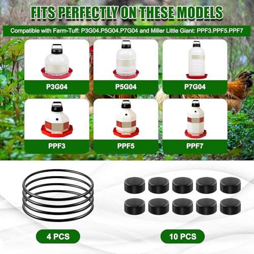 Plastic Poultry Waterer Replacement Parts Kit | 10 Caps & 4 O-Rings, Compatible with Miller, Little Giant PPF & Farm-Tuff 3/5/7 Gallon Poultry Founts (Black) - color: Black