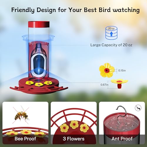 Hummingbird Feeder with Camera Solar Powered, AI Identify Cloud Storage Instant Notification, CCPA Data Protection, Outdoor Hanging, Idea Gift for Family Friends (20 Ounces)