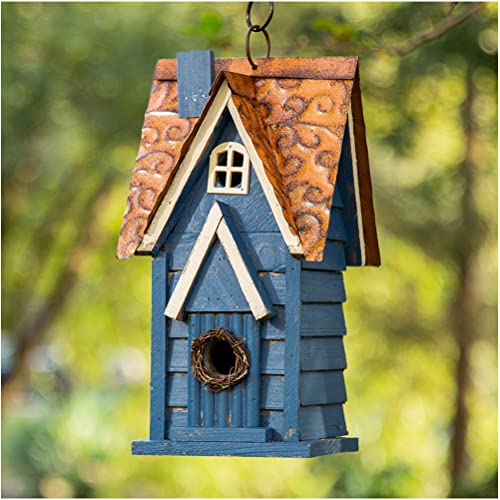 Glitzhome Bird Houses for Outside, 12" H Retro Blue Distressed Solid Wood Cottage Birdhouse Hanging Bird House for Outdoors, Bluebird House for Garden Patio Backyard - color: 12"H Blue