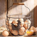 Wire Egg Basket for Gathering Fresh Eggs, Rustic with Rooster & Wood Handle | Vintage, Rusty Metal Open Weave, Backyard Chicken Keepers, Holds 24, Easter/Xmas Gift, Egg Collecting Basket, Kitchen Counter