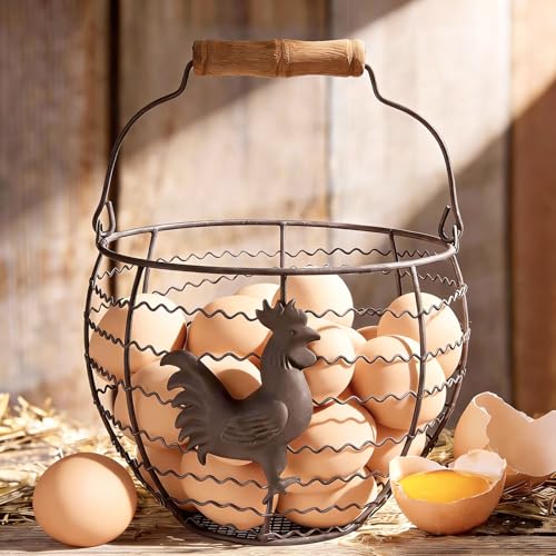Wire Egg Basket for Gathering Fresh Eggs, Rustic with Rooster & Wood Handle | Vintage, Rusty Metal Open Weave, Backyard Chicken Keepers, Holds 24, Easter/Xmas Gift, Egg Collecting Basket, Kitchen Counter