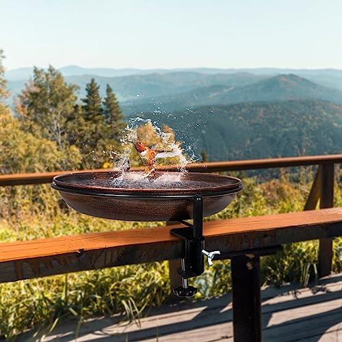 DREAMSOUL Deck Mounted Bird Bath Metal Birdbath Bowl Unheated with Lightweight Detachable, Bird Baths with Adjustable Sturdy Steel Clamp for Deck Railing Balcony Yard Garden Decoration - color: Bronze