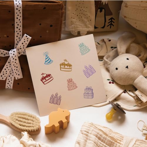 AHANDMAKER 5 Styles Mini Birthday Party Wooden Rubber Stamp, Small Cake/Gift/Party Hat/Candle Patterns Stamps for DIY Making Scrapbooking Card Stamping Pottery Clay Crafting - style: Birthday Party