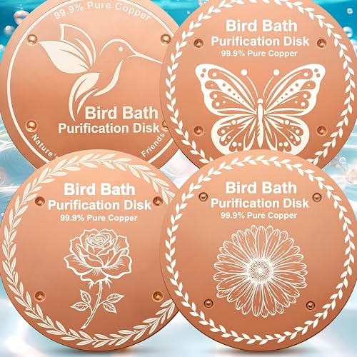 OICEME Bird Bath Purification Disc Pure Copper Outside Winter Solar Power Birdbath Hanging Bowl Deicer Cage Metal Deck Railing Glass Concrete Ceramic Stone Ground Water Bird Gifts - color: Gold 4PCS Bird&&Butterfly&Flowers