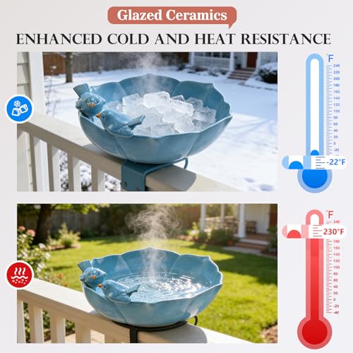 Glazed Ceramic Bird Bath Bowl Outdoor, 10.1" Dia, UV/Frost-Resistant | Ground Birdbath and Feeders for Outside, Table Top Bird Baths, Garden Patio Yard Decor, Easy to Maintain, with Texture, Blue - color: Blue