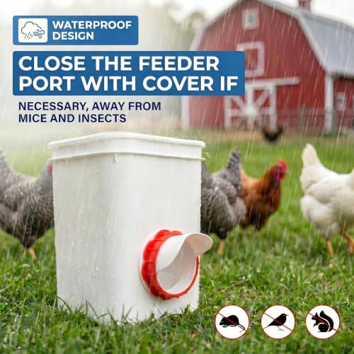 DIY Chicken Feeder Ports, 6 Ports Chicken Feeder No Waste, DIY Automatic Poultry Feeder Cups Kit, Rain Proof Gravity Feeder Port with Hole Saw for Buckets Barrels Bins Troughs