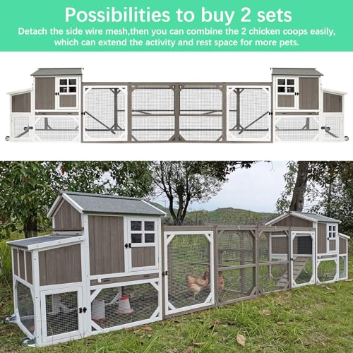 PetsCosset 95.3" L Portable Chicken Coop Tractor Hen House with Nesting Box,Chicken Coops Chicken House,2 Story Wooden Indoor Outdoor Poultry Cage for 3-5 Chicken with 6 Access,Pull-Out Tray,Grey - size: 95.3" L - Grey