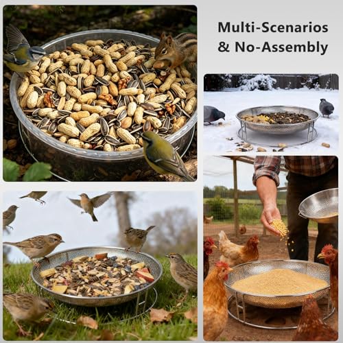 13-Inch Ground Bird Feeder and Bath Combo, Stainless Steel Ground Feeding Platform for Birds & Squirrels, with Dual Birdseed Mesh Trays, Birdbath, Attracting Creatures to Backyard, Patio - color: bird feeder & bath combo