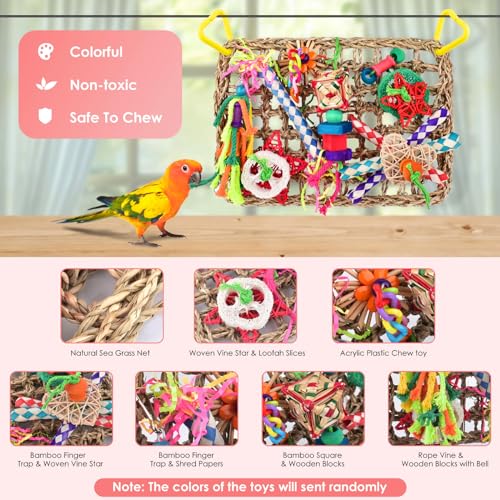 KATUMO Bird Toys, Large Bird Foraging Wall Toy, Woven Climbing Hammock Mat | Natural Grass Mat, Edible Seagrass, Colorful Chewing Toys, Suitable for Lovebirds, Finch, Parakeet, Budgie, Conure, Cockatiel - style: Stars