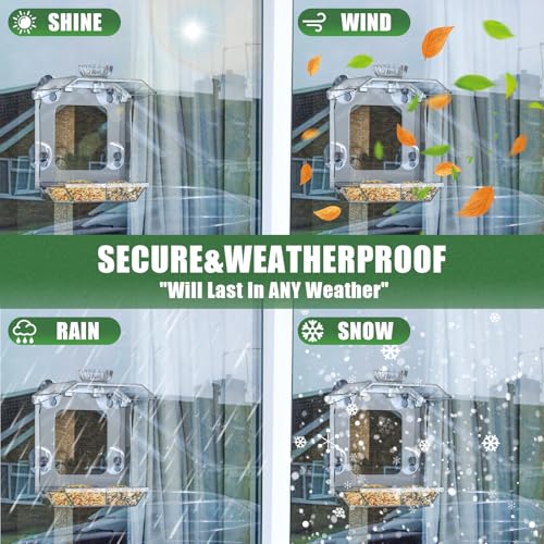 Clear Window Bird Feeder with Strong Suction Cups – Clear Bird Feeding Station with Dual Seed Tray & Water Bowl – Easy to Install and Clean for Outdoor Viewing