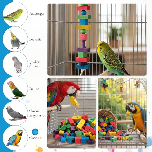 Bird Toys for Parrot, 165 Pcs Colorful DIY Wooden Blocks Craft | Cage Chewing Playing Training Toy for Cockatoos, Macaws, African Grey and Small Medium Parrots
