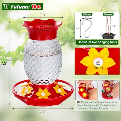 Fchstaer Glass Hummingbird Feeders for Outdoors Hanging 16oz 2 Pack Clear Pineapple Bee & Ant Proof 360°Perch Leakproof Easy Clean with 6 Feeding Ports Gifts for Mom - color: Clear-2PC