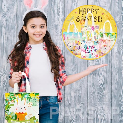 PARSUP 6PCS Happy Easter Egg Hunt Bags, Assorted Sizes, Easter Bunny Carrot Chick Egg Treat Bag with Handles, Non-Woven Gifts Wrapping, Egg Hunt, Spring Party Supplies - color: Blue Yellow Pink Green