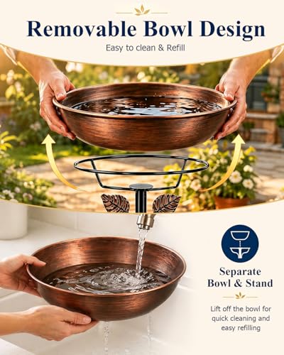 Metal Bird Bath with Solar Fountain for Outside, 3" Deep Removable Bowl Easy to Clean, Solar Powered Birdbaths with 5-Prong Stake, Outdoor Solar Bird Bath for Yard Lawn Decor, 1.4 Gallon