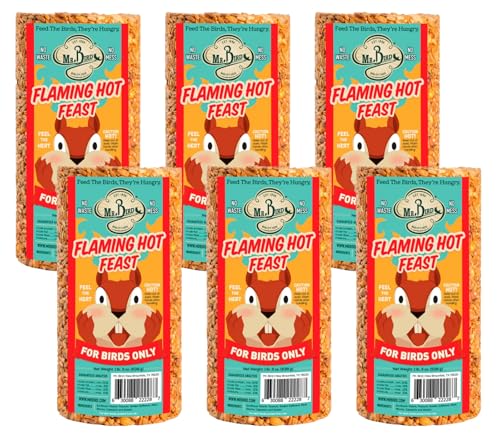 Mr. Bird Flaming Hot Feast Spicy Bird Seed Cylinder, 6-Pack, 1 lb 3 oz | Premium Blend of Mealworms, Peanuts & Hot Pepper | Squirrel Repellent | Handcrafted in Texas - size: 1.19 Pound (Pack of 6)