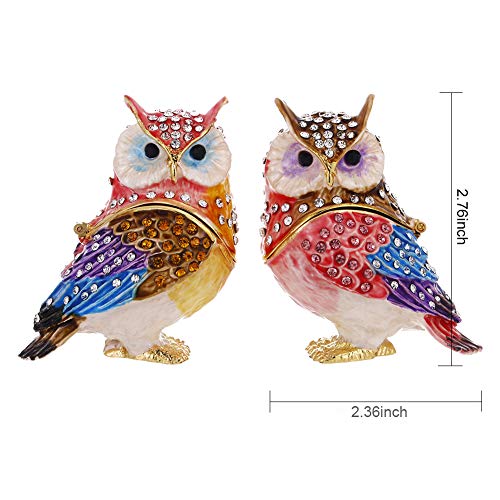 Hand Painted Enamel Couple Owl Trinket Box, Hinged Unique Mini Ring Necklace Jewelry Organizer, Classical Bejeweled Storage, Figurine Collectible Keepsake Home Decor (Couple Owl) - color: Couple Owl