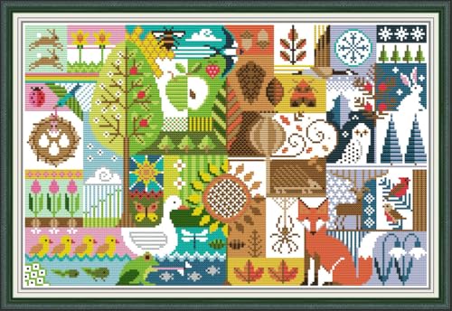 Meecaa Cross Stitch Kits 14 Count Stamped, Tree Bird Animal Building Fox Seasons Embroidery Kit with Accessories Pre Printed (Four Seasons) - color: Four Seasons