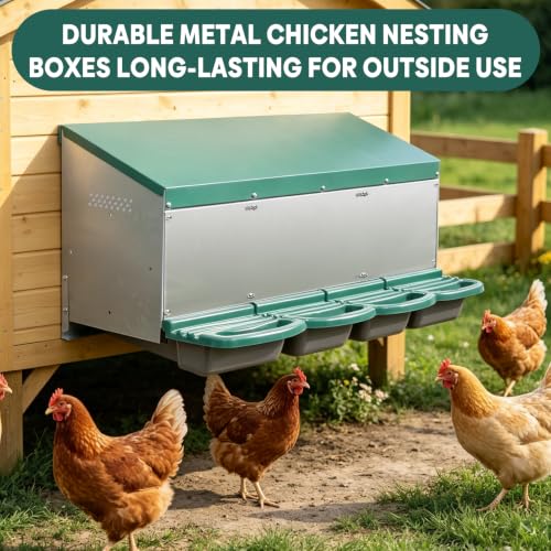 Chicken Nesting Box, 3 Holes Nesting Boxes, Heavy Duty Metal Laying Boxes, Roll Away Nesting Box Egg Collection Tray, with Roosting Pole for Chicken Coop(Green) - size: 3 Holes