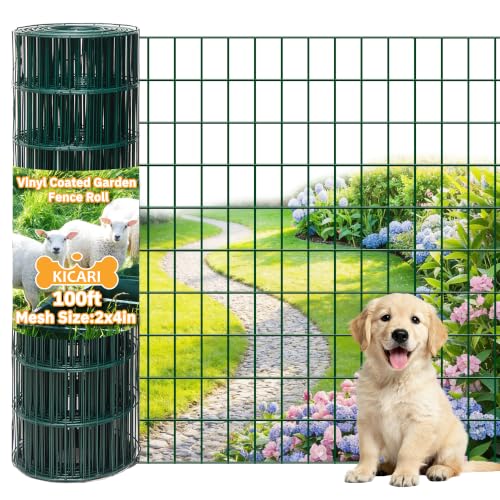 Green Metal Garden Fence,60inch(H) x 100ft(L),2 inch x 4 inch,12.5GA Coated (14GA Bare) 2/3/4/5/6 Ft Tall Chicken Wire PVC Coated Welded Wire Mesh Roll for Dogs Border Yard Vegetable Plant Poultry - color: Green, size: 12.5GA 2x4 60"x100'