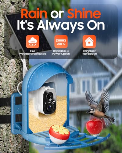 Bird Feeder with Camera, Smart Birdfeeder with Cam Solar Powered, 2K HD Video, AI Identification, Instant Arrival Alerts, IP66 Bird Bath & Feeder,Gift for BirdLover (with Stand, Blue) - color: Blue, style: With Stand