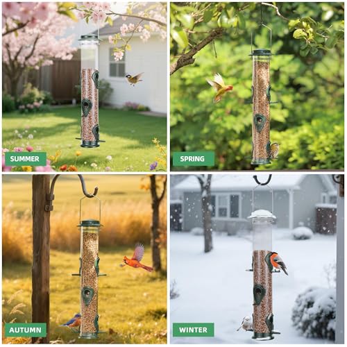 1PK Metal Bird Feeders with 6 Feeding Ports,Tube Bird Feeder with Steel Hanger,Hard Plastic Wild Bird Feeder for Outdoors Hanging, Attracting Birds in Your Lawn, Garden, Balcony–Green - color: Green 1 PACK