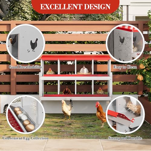 Galvanized Steel Chicken Nesting Box 8 Grids, Metal Egg Laying Boxes for Hens with Hinged Lid and Ventilated Design, Easy Clean Poultry Nest Box for Chicken Coop Accessories, Red, with Legs - color: Red, size: 8 Holes with Legs