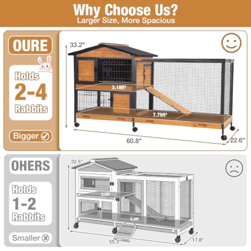 Rabbit Hutch Bunny Cage Strong Iron Frame Rabbit Cage Indoor and Outdoor Chicken Coop with Casters Waterproof Roof, Great for Rabbit,Bunny,Guinea Pig,Chickens. - size: 60.8"L x 22.6"W x 33.2"H