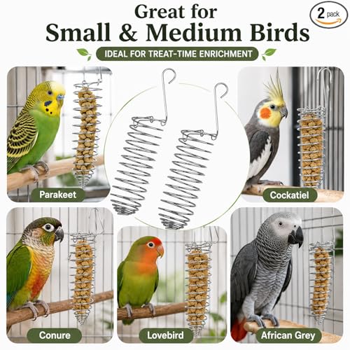 Millet Holder for Bird Cage, 2 Pack Spray Millet Treat Holder | Stainless Steel Hanging Parrot Foraging Feeder Toy, Fruit Vegetable Basket for Parakeet Cockatiel Conure African Grey