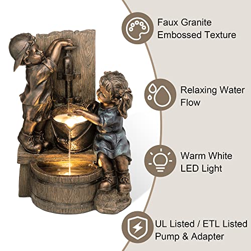 Glitzhome Outdoor Water Fountain with LED Light, Children Playing with Faucet Waterfall Fountains, Antique Bronze Resin Boy and Girl Statue Outdoor Waterfall Fountain for Patio Backyard Garden, 25”H - color: Children