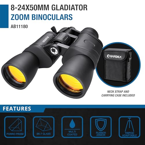 Barska Gladiator 8-24x50 Zoom Binoculars with Tripod Adaptor for Long Range Viewing, Birding, Events, etc - style: 8-24x50 Ruby Lens