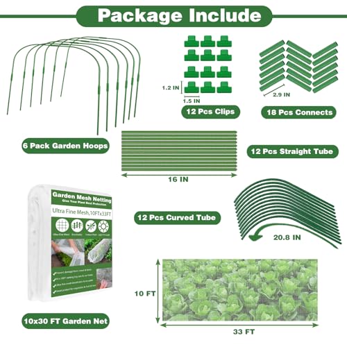 Garden Mesh Netting Kit, 10x33FT Ultra Fine Mesh Netting with 6 Sets Fiberglass Garden Hoops & 12 Clips for Tree Fruit Barrier Vegetable Fruits Flowers Shrubs Plant Covers Net