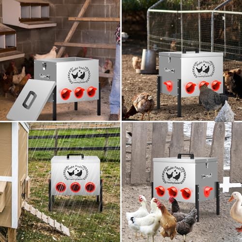 50LB Automatic Chicken Feeder Kit 8 Ports Large Metal Poultry Feeder Duck Chicken Coop Chick Feeder System Food Dispenser No Waste with Adjustable Legs Locking Lid Vegetable Hanging Bag Leg Rings