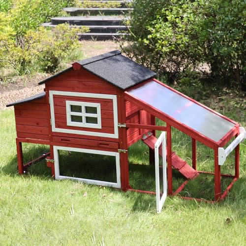 GUTINNEEN Chicken Coop with Wheels Mobile Outdoor Hen House Weatherproof Duck Cage with Large Nesting Box, Leak-Proof Tray, UV-Resistant Roof for 2-4 Chickens (Red) - color: Red