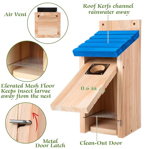 Dreyoo 2 Pack Bluebird Box Houses for Outside,1-1/2'' Entrance Hole Wooden Bird Houses with Metal Guard, Secure Latch,Fledgling Grooves,Air Vents for Bluebird Wren Swallow(Blue Roof, Wood Body) - color: Blue Roof, Wood Body