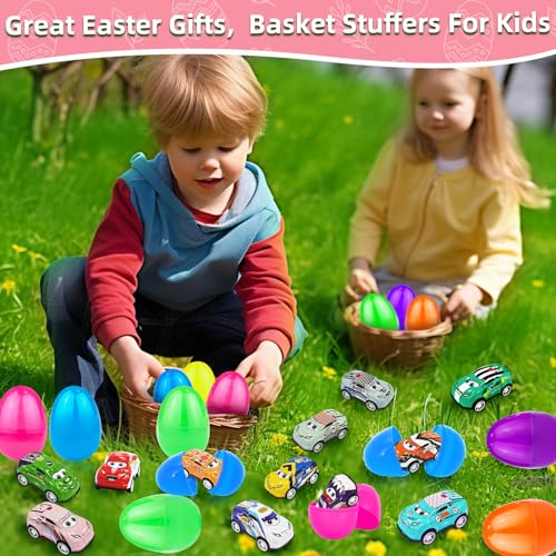12 Pack Easter Eggs with Pull Back Car Toys, Colorful Eggs Vehicle for Kids Boys Toddlers Easter Basket Stuffers Filler Surprise Egg Hunt Classroom Prize Supplies Party Favors - style: 12 Pack Easter Egg with Pull Back Car