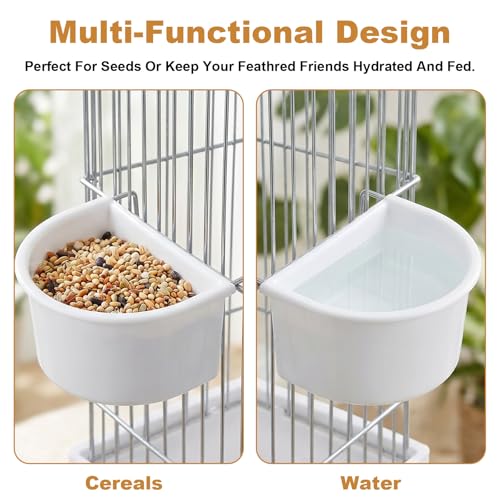 2-Pack Bird Cage Feeder, Plastic Hanging Bird Food Bowl Cups Feeder with Metal Hooks White Food and Water Dispenser Bowl for Small Birds Parakeet Parrots