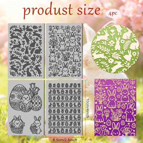 CHGCRAFT 4 Sheets Easter Bunny Clay Texture Mat Easter Egg Pattern Polymer Clay Texture Sheets DIY Tools for Pottery Earring Jewelry Making Stamp Engraving Machines, 3.9x2.6inch - style: Easter Egg