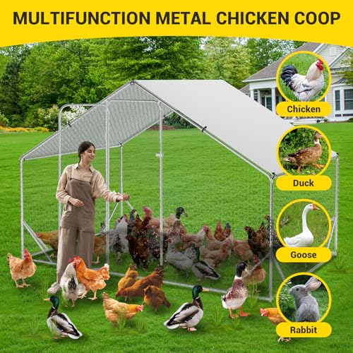 GarveeLife Large Chicken Coop, Metal Chicken Run with Anti-Ultraviolet Waterproof Cover, Spire Roof Walk in Poultry Cage, Outdoor Chicken Pen for Backyard and Farm Use, 9.8 ft x 6.5 ft x 6.5 ft - size: 118.1"L x 78.7"W x 78.7"H