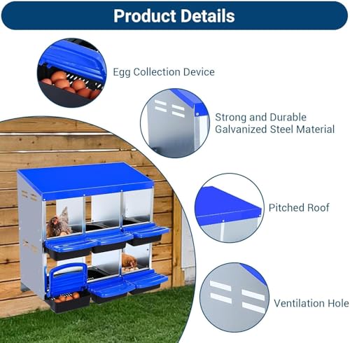 6-Hole Chicken Nesting Box with Removable Lid, Metal Chicken Coops with Roll Away Design/Easy Egg Collection/Ventilation Holes, for Chickens Coops, Duck and Hens - color: Blue, size: 6 holes without legs