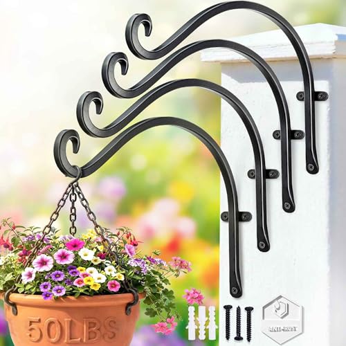 Lifyzoon Hanging Plant Brackets Outdoor: 50lbs Weight Capacity - Hanging Bird Feeder Hangers, 12-Inch 4 Pack Black Metal Outdoor Wall Hooks for Heavy Plants, Birdhouse, Wind Chimes - size: 2B-12“4PCs