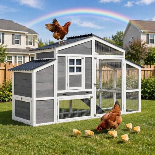 AECOJOY 81" Large Chicken Coop | Large Wooden Chicken Coop with Run&2 Nesting Boxes, Waterproof Roof Hen House Outdoor Poultry Cage - color: Grey, size: 81"L x 29.6"W x 47.3"H