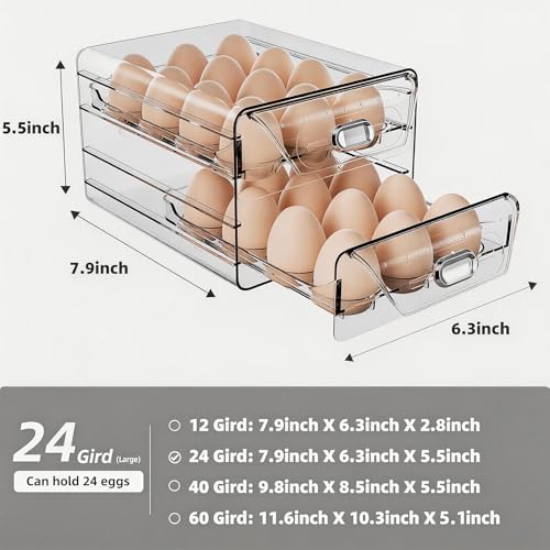 HIYOHIYO 2-Tier Clear 24 Grid Egg Container for Refrigerator, With Drawers | Large Capacity, with Time Scale Marking, Stackable, Sturdy Eggs Storage for Fridge and Countertop - size: 24 Grids-2 Layer