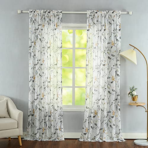 Botanical Birds Print Sheer Curtains, 52 x 63, Grey, 1 Panel, Gray | Soft Smooth Feel, Airy Window Drapes, Nature Inspired Design, for Living Room and Dining Room Windows - color: Grey-sheer, size: 52"W x 63"L (Pack of 1)
