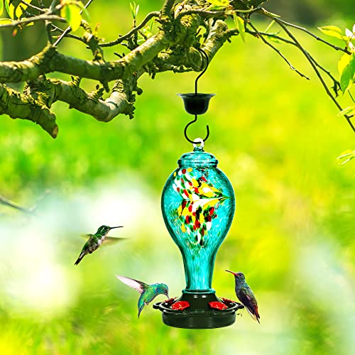LUJII Hummingbird Feeder for Outdoors, Hand Blown Glass Humming Bird Feeder, Anti Fade Leakproof with 25 Ounces Nectar Capacity, Easy to Install Clean Refill, Include Hook & Ant Moat (Teal) - color: Blue, size: Small