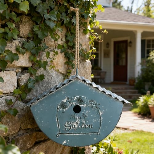 Vintage - Style Decorative Birdhouse, Rustic Metal Bird House with My Garden Distressed Finish, Hanging Bird Home for Garden and Outdoor Decor - color: Blue - Garden