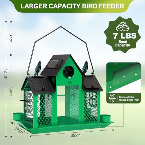 Solar Bird Feeders House for Outdoors Hanging, 7LBS Large Capacity Metal Wild Bird Feeder Squirrel Proof for Outside with Water Cup, Cardinal Birdfeeder Birdhouses Gift for Bird Lovers (Green) | Green,Wild Metal Bird Feeder,7LBS Large Capacity with Water